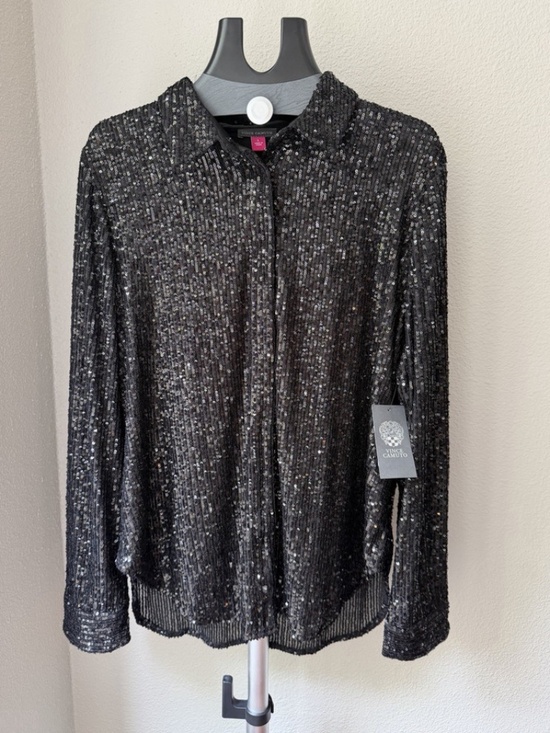 Vince Camuto Tops - Vince Camuto Women's Black Sequin Button-Down Collared Long Sleeve Blouse L